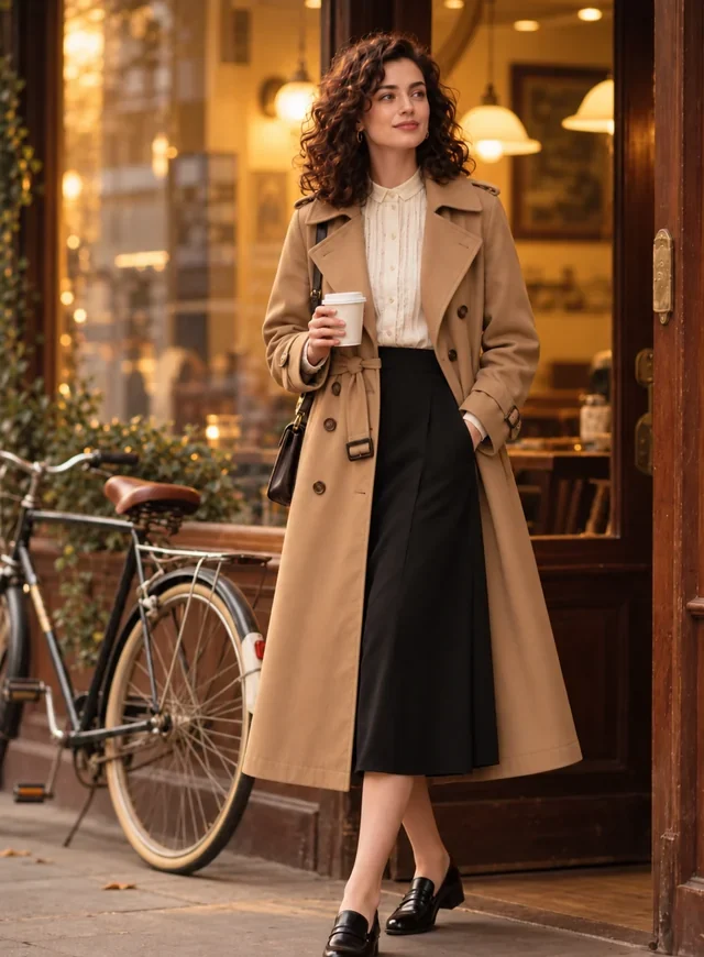 Drag to compare a red wool coat with the same woman trying on a camel trench coat (after)
