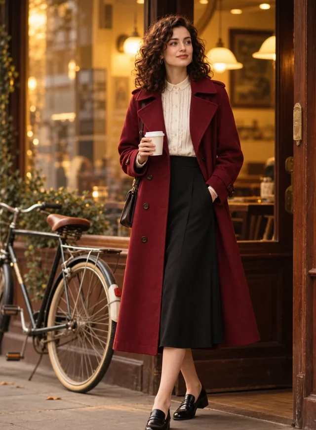 Drag to compare a red wool coat with the same woman trying on a camel trench coat (before)
