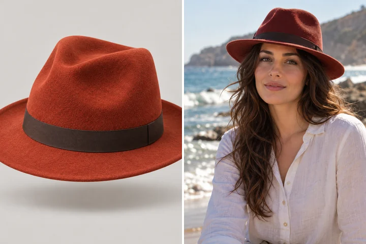 A rust-red fedora product photo next to a woman wearing the same hat at the beach