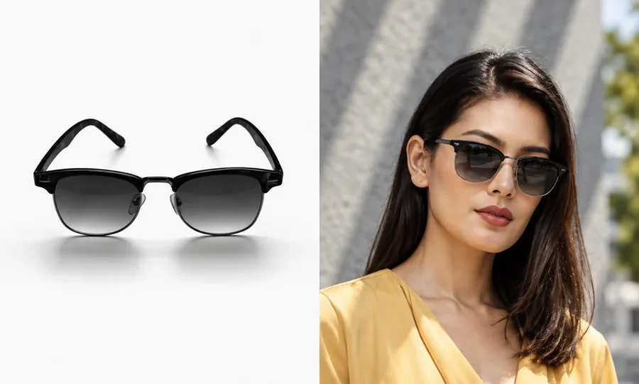 A product photo of black sunglasses next to a woman wearing the same sunglasses after an AI try-on