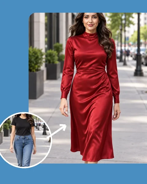 A woman trying on a red satin dress from a garment photo with AI virtual try on