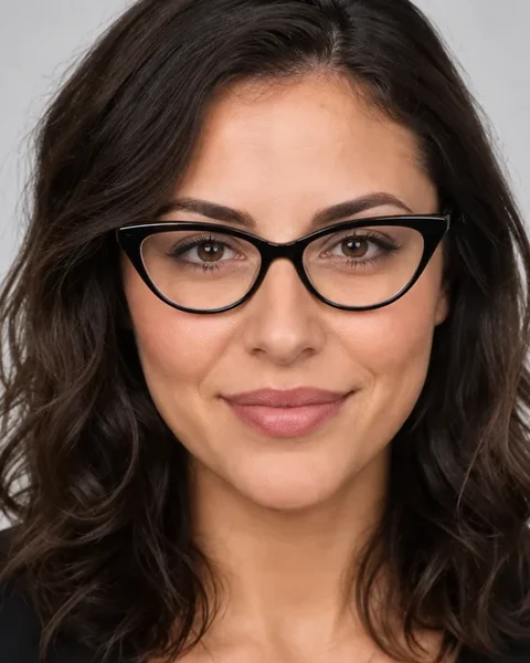 A woman wearing black cat-eye glasses in a virtual glasses try on