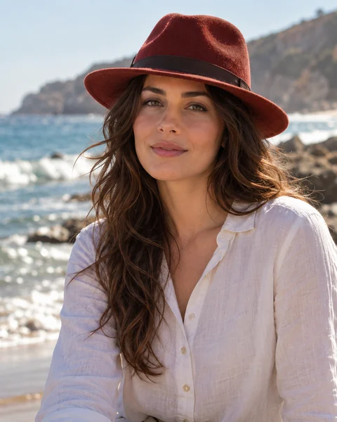A woman at the beach trying on a rust-red fedora