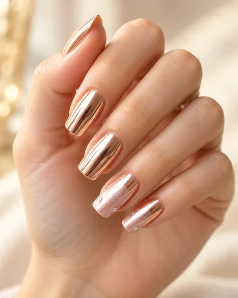 A hand with rose gold chrome nail art from an AI nail try on
