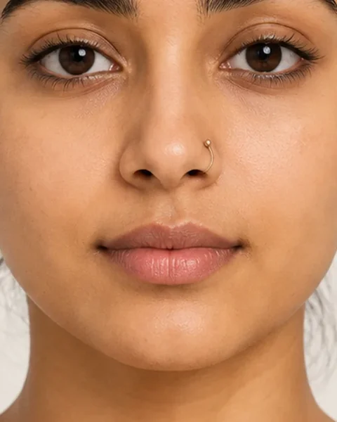 A woman with a gold nose hoop added by an AI piercing try on