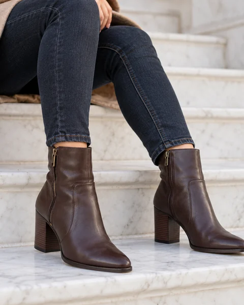 A woman sitting on white steps wearing dark stiletto ankle boots in a virtual shoe try on