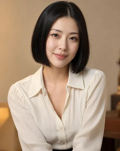 A woman trying on a sleek black bob wig