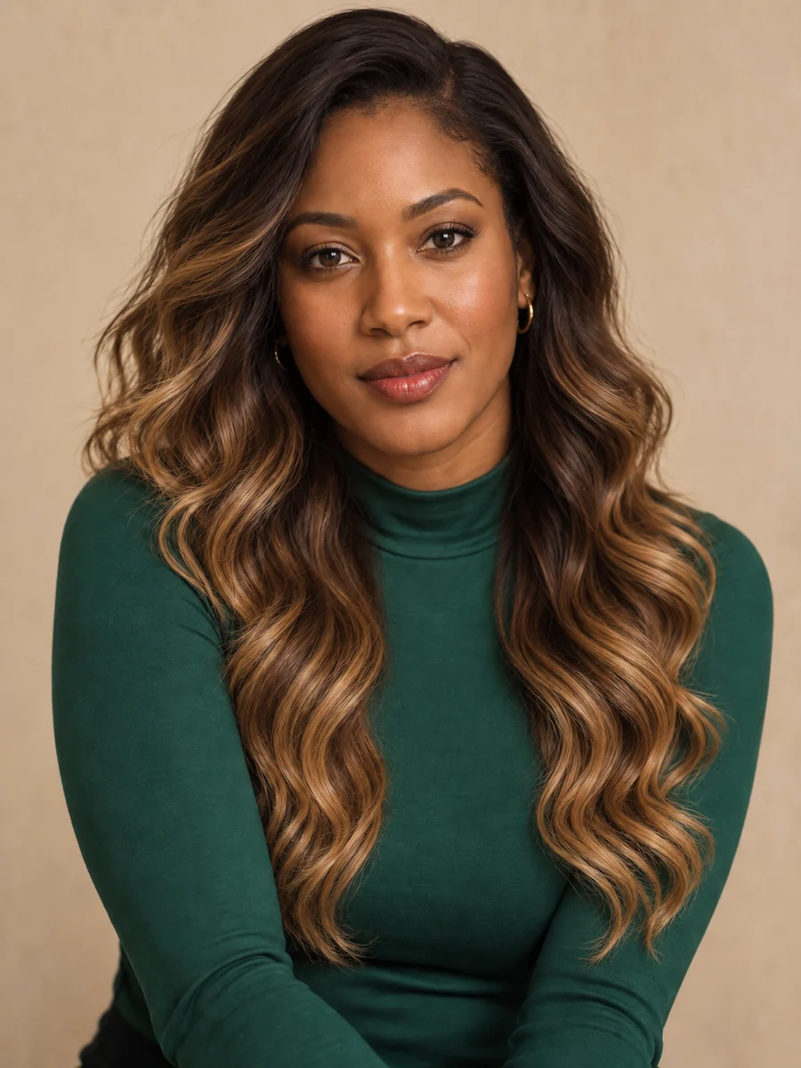 Drag to compare dark waves with the same woman wearing an ombre body wave wig (after)