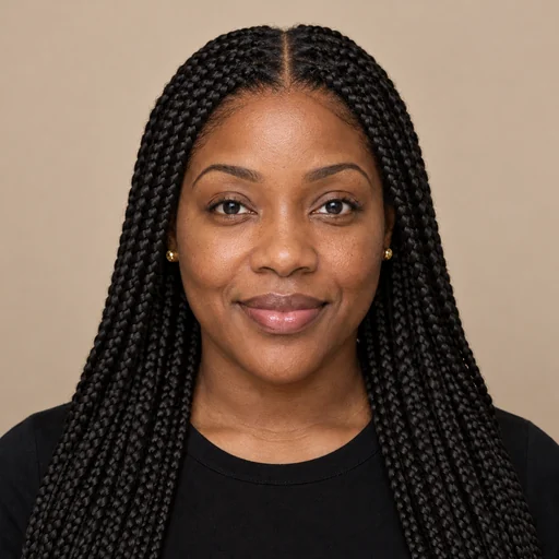 Drag to compare long straight hair with the same woman wearing a box braid wig (after)