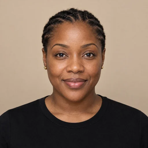 Drag to compare long straight hair with the same woman wearing a box braid wig (before)