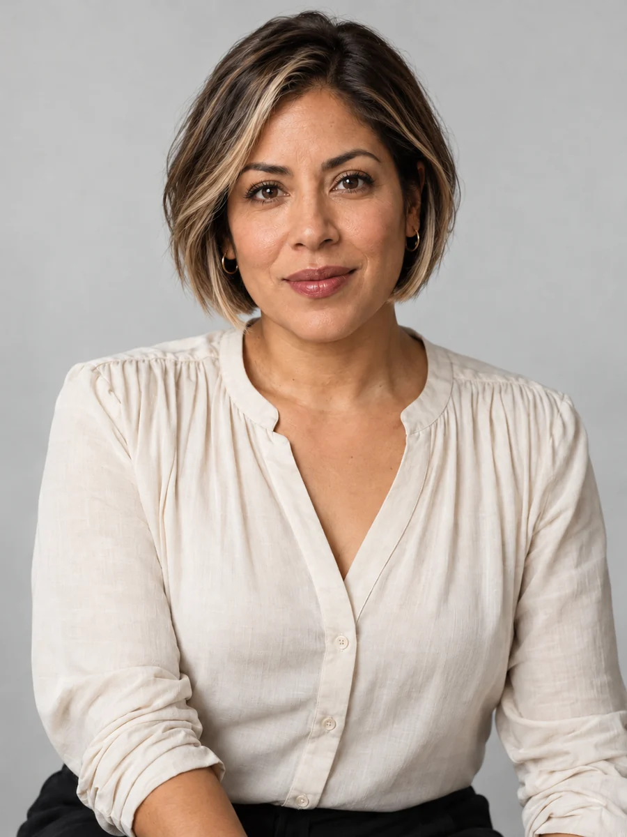 Drag to compare a black bob with the same woman wearing a highlighted bob wig (after)