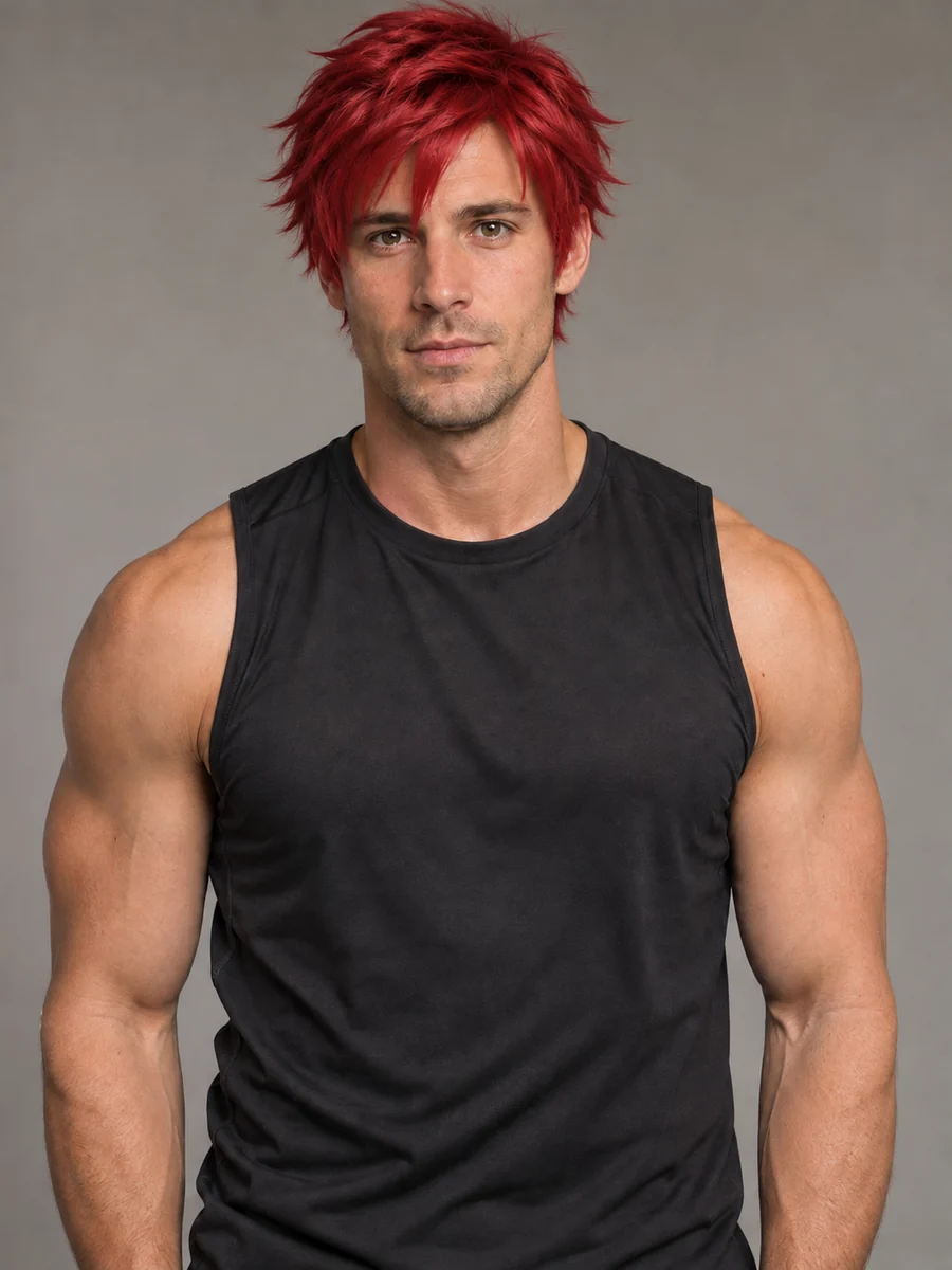 Drag to compare the original photo and the same man wearing a red wig (after)