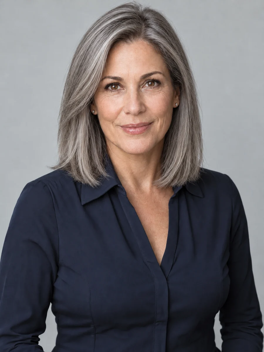 Drag to compare brown hair with the same woman wearing a silver gray wig (after)