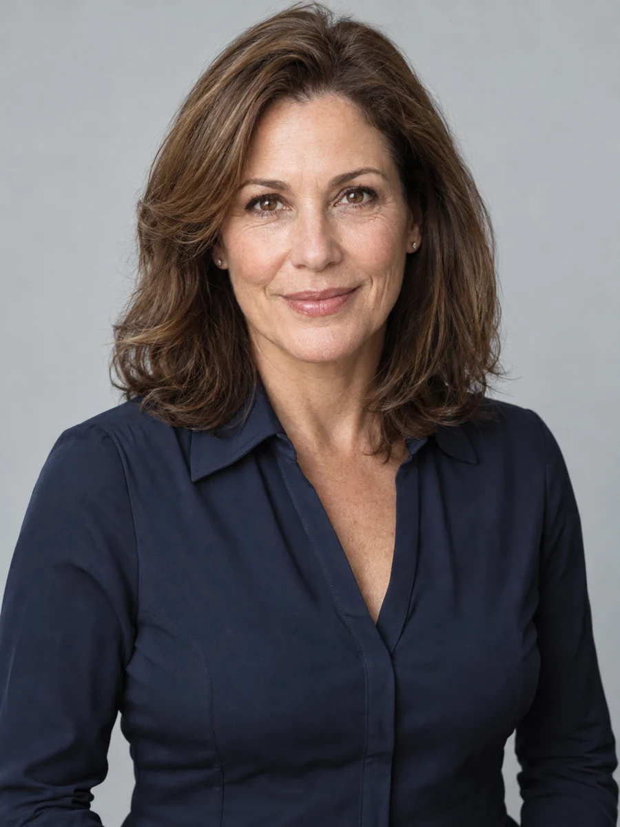 Drag to compare brown hair with the same woman wearing a silver gray wig (before)