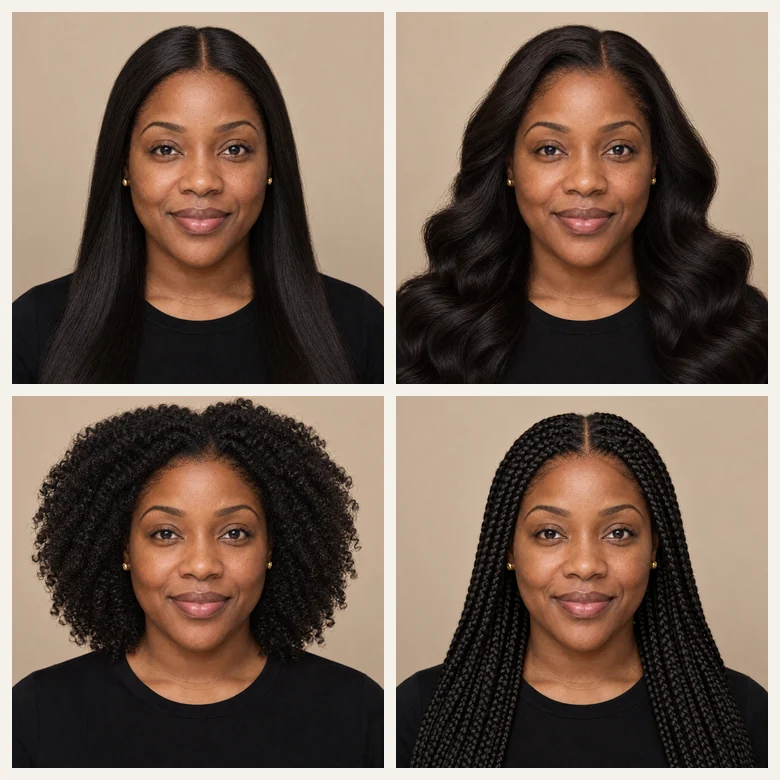 The same woman wearing four wigs: blonde body wave, curly, high ponytail, and a sleek bob