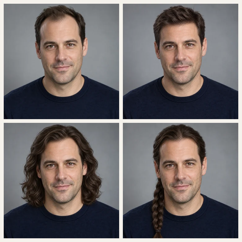 A man shown with his own short hair and three wig styles: long waves, braids, and a pompadour