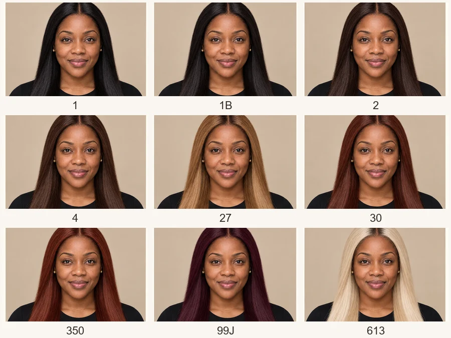 One woman shown in nine wig colors from light blonde to black
