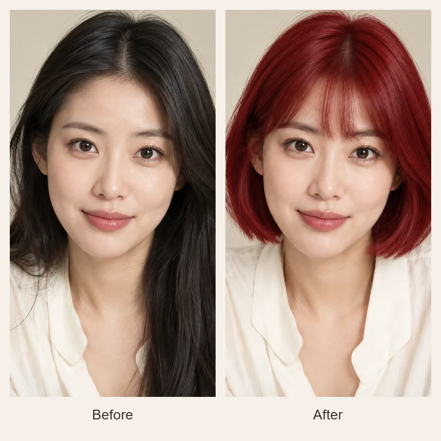 Before and after: a woman with long black hair and the same woman in a red bob wig with bangs