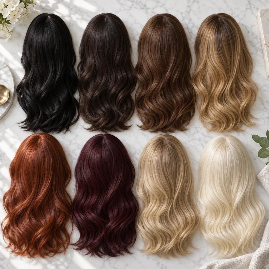 Hair swatches in blonde, brown, black, copper, burgundy, silver, and pastel shades
