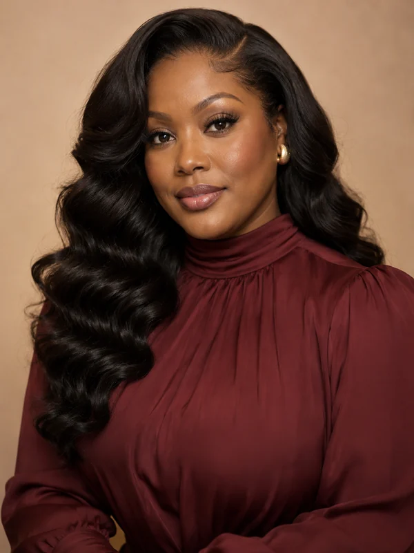 Woman wearing a glossy glam wave wig with a deep side part