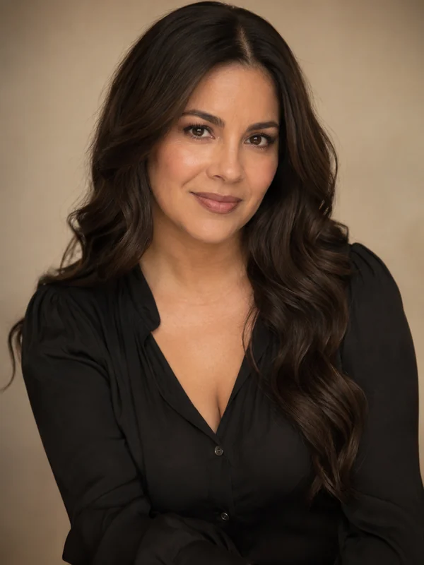 Woman wearing a long dark brown loose wave wig