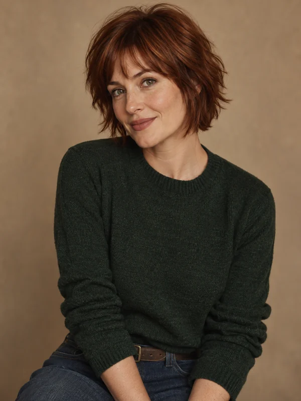 Woman wearing an auburn shag wig with wispy bangs