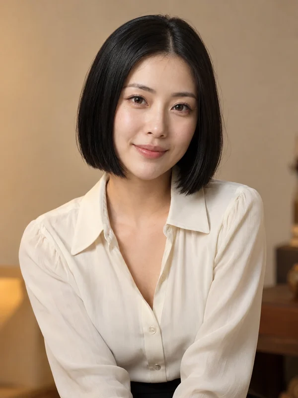 Woman wearing a sleek jet black bob wig with a middle part