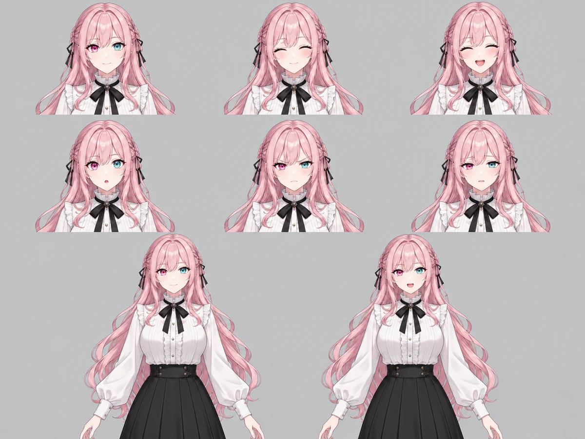VTuber expression sheet with four facial expressions of the same pink-haired character