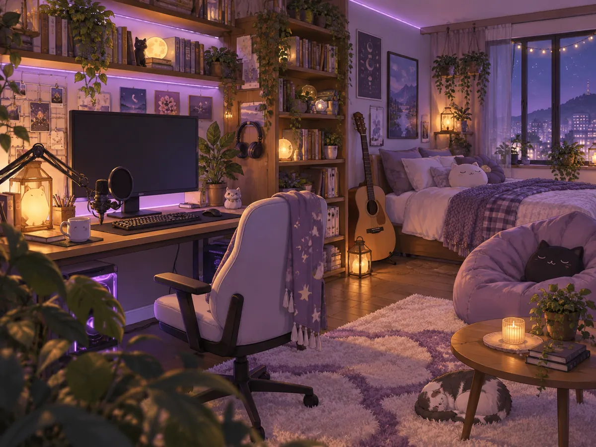 Cozy anime streaming room background with a bed, shelves, and a microphone