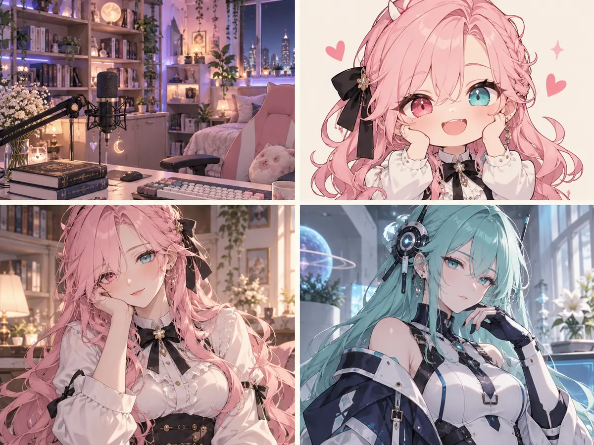 VTuber assets: a stream room, a chibi emote, a half-body persona, and a sci-fi character