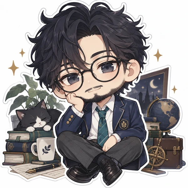 Chibi VTuber mascot with glasses and a school blazer