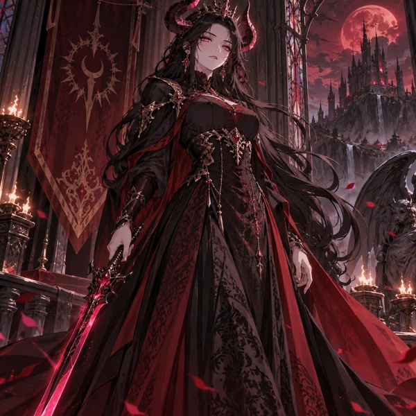 Demon queen VTuber character with horns and a glowing crimson blade