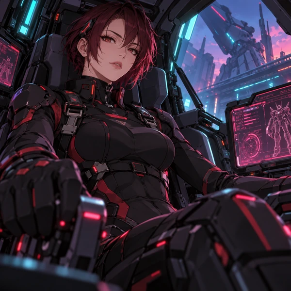 Mecha pilot VTuber character in a black and red suit inside a cockpit