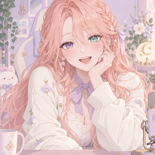 Pastel VTuber girl with pink hair and different-colored eyes smiling