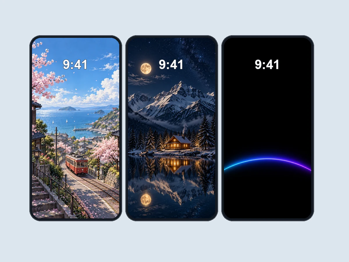 Three phones showing AI lock screen wallpapers with the clock above an anime town, a moonlit cabin, and a black AMOLED arc