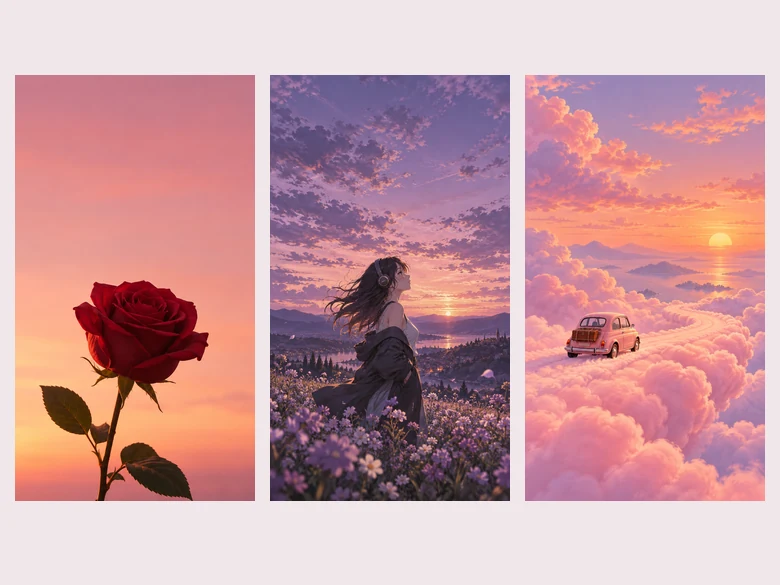 Three AI phone wallpapers: a flower at sunset, an anime girl with headphones, and a car on pink clouds