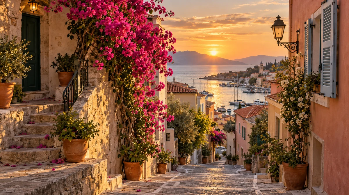 Coastal town street at golden hour turned into a screen-ready desktop wallpaper