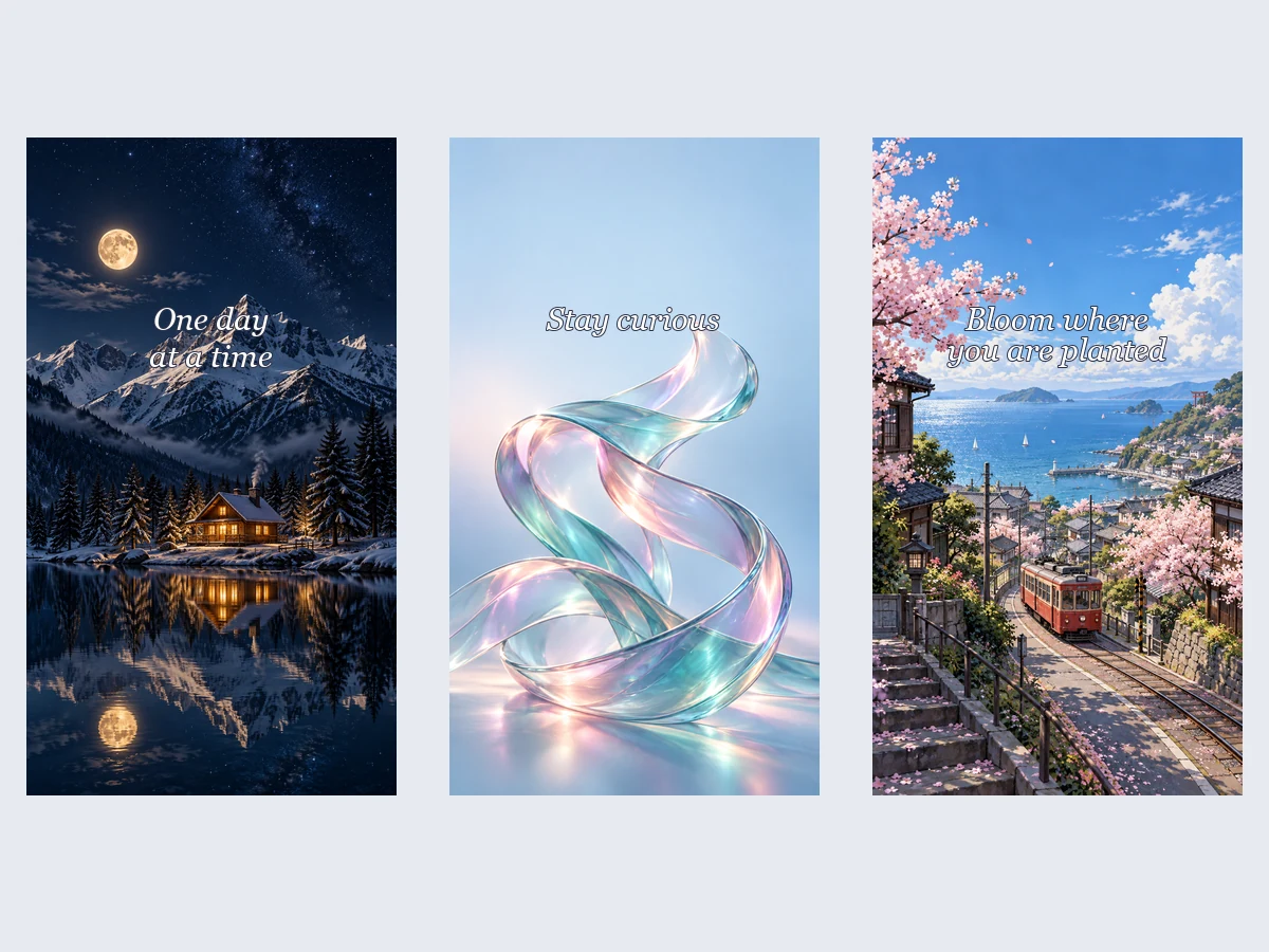 Three quote phone wallpapers reading One day at a time, Stay curious, and Bloom where you are planted