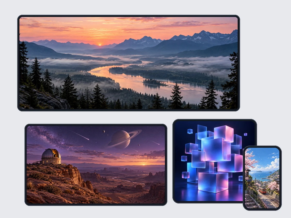 One wallpaper style shown on an ultrawide monitor, a desktop, a tablet, and a phone