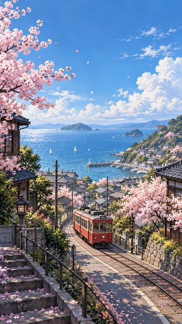 Anime phone wallpaper of a seaside town with cherry blossoms and a red tram