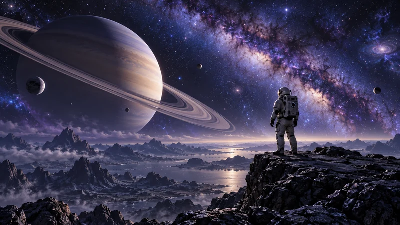 Desktop wallpaper of an astronaut on a cliff looking at a ringed planet