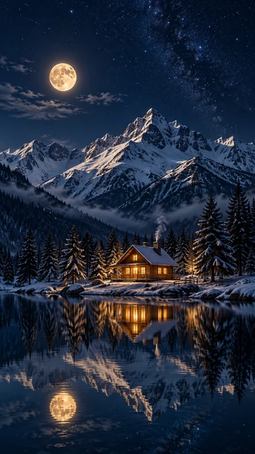 AI generated phone wallpaper of a glowing cabin by a moonlit mountain lake