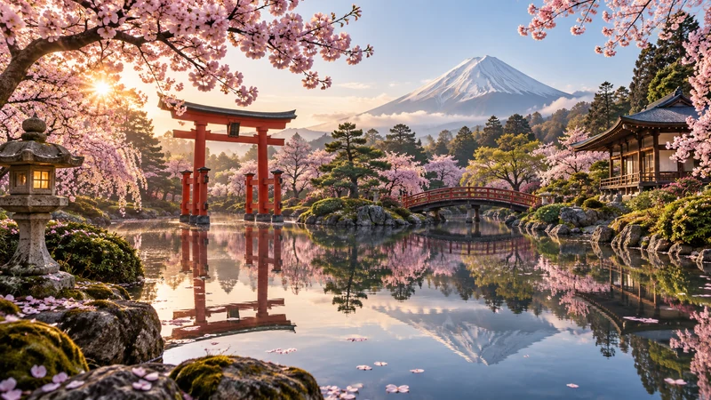 AI desktop wallpaper of a Japanese garden with a red torii gate and cherry blossoms