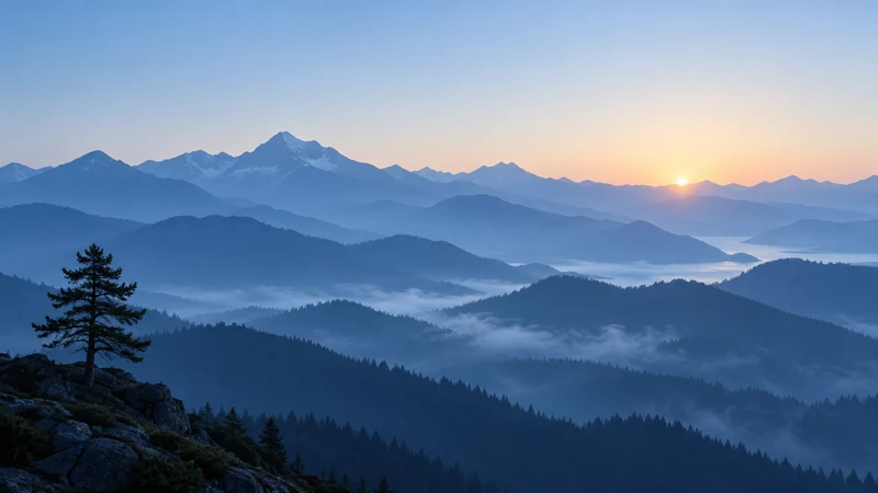 Desktop wallpaper of misty mountain ridges at dawn with a lone pine tree