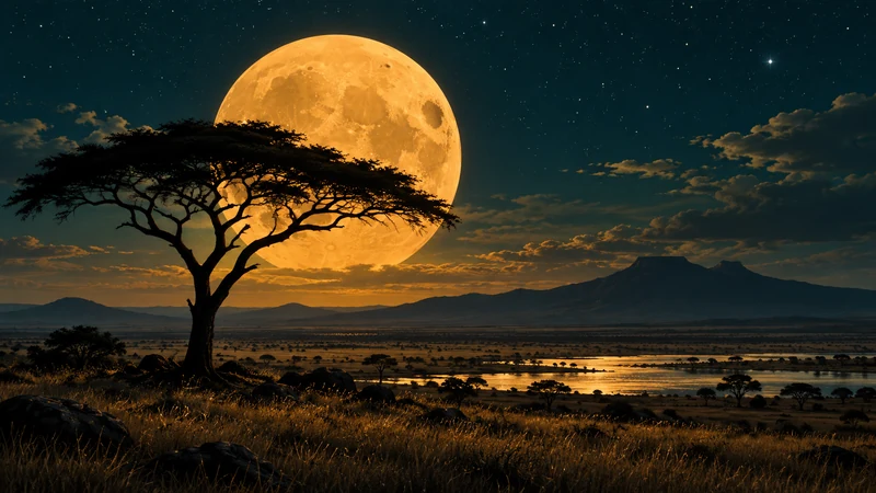 Illustrated desktop wallpaper of acacia trees silhouetted against a huge golden moon