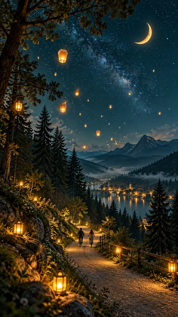 Illustrated phone wallpaper of a couple cycling under a starry sky and crescent moon