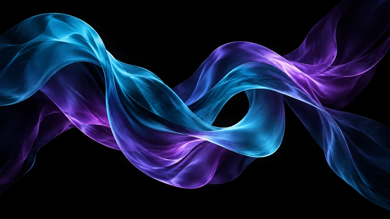 Dark desktop wallpaper of flowing teal and purple silk ribbons