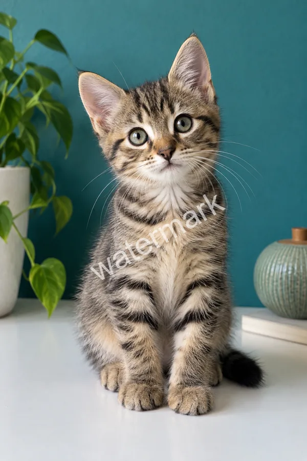 Drag to compare the kitten photo with diagonal watermark text and the clean photo (before)