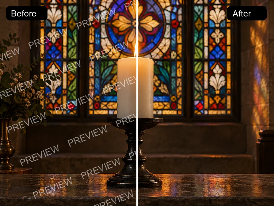 Candle photo with a tiled text watermark on the left and the same photo after watermark removal on the right