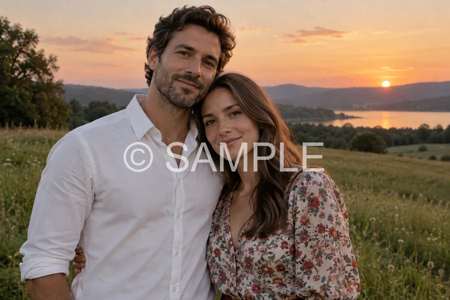 Drag to compare the couple portrait with a large sample watermark and the clean photo (before)